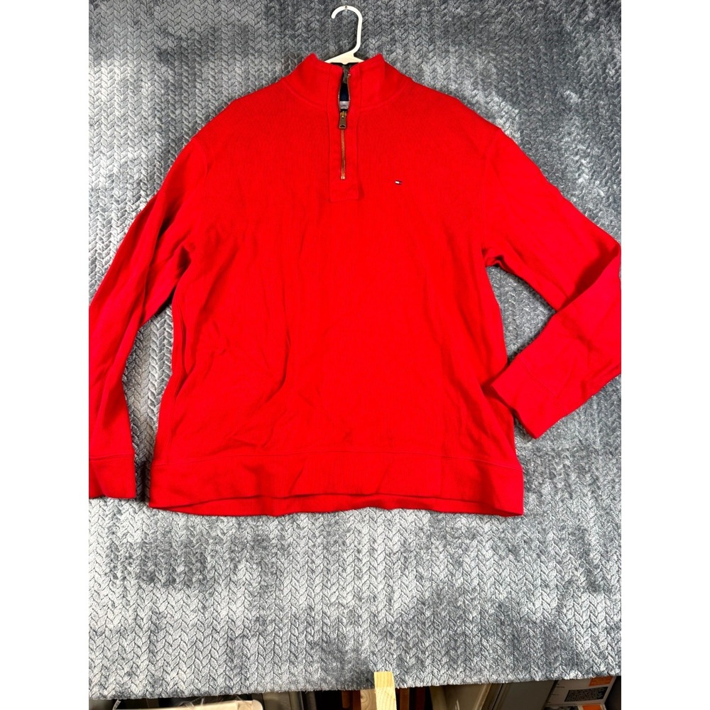 Tommy Hilfiger Sweater Mens XL Red Long Sleeve Chunky Knit Quarter Zip Mock